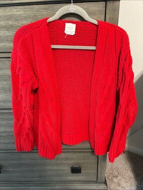 Harper Red Open-Front Cable Knit Cardigan